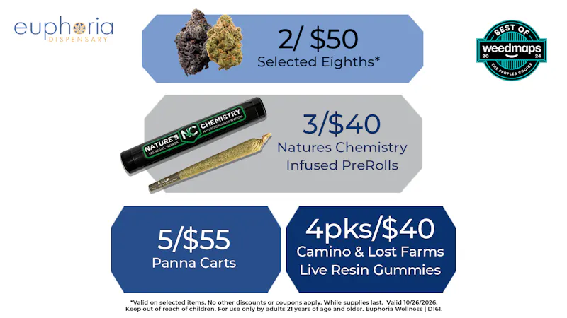 Euphoria Wellness - Marijuana Dispensary 5/$55 Panna Carts | 4pks/$40 Camino & Lost Farms