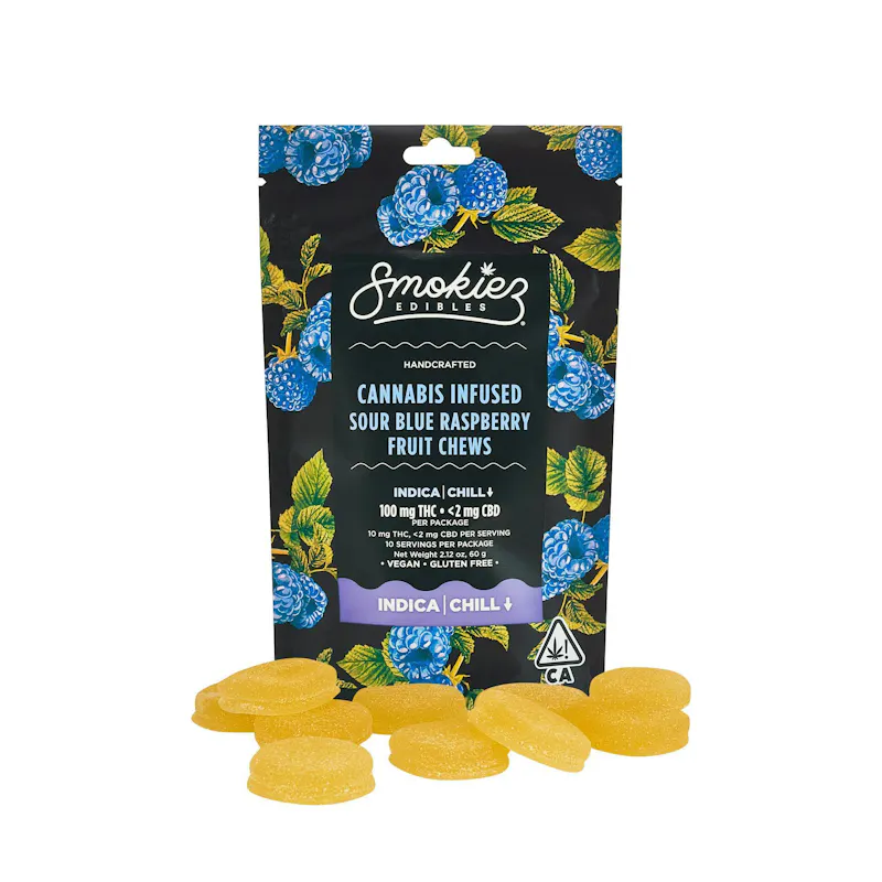 Smokiez Sour Blue Raspberry Fruit Chews 100mg 10ct 10mg/ea edible