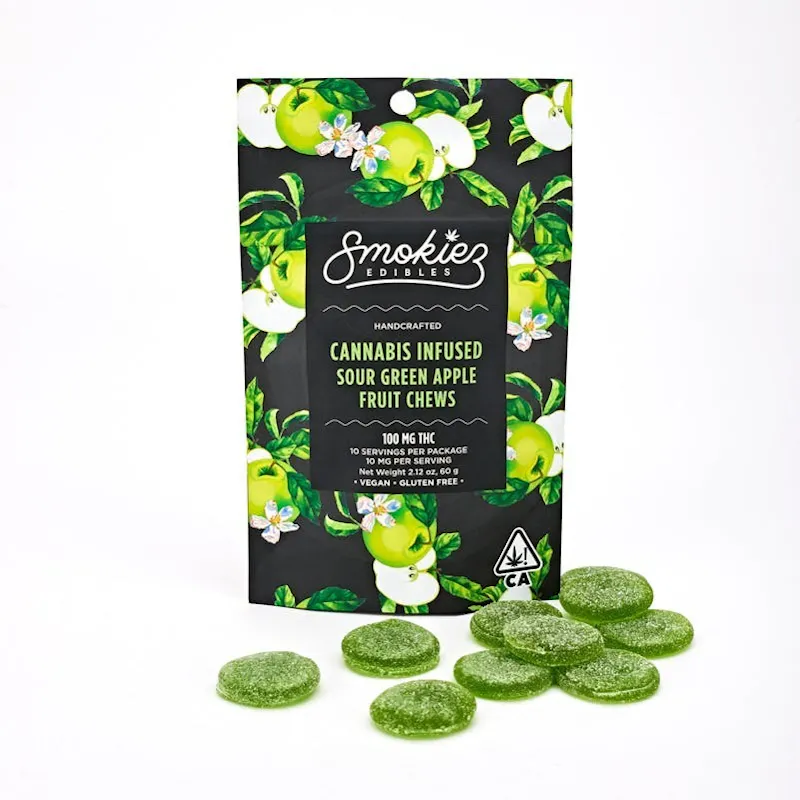 Smokiez Sour Green Apple Fruit Chews 100mg 10ct 10mg/ea edible