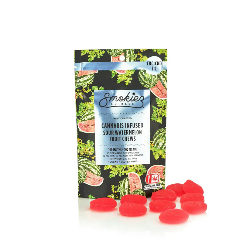 Smokiez Sour Watermelon Fruit Chews THC:CBD 1:1 100mg 10ct 10mg/ea