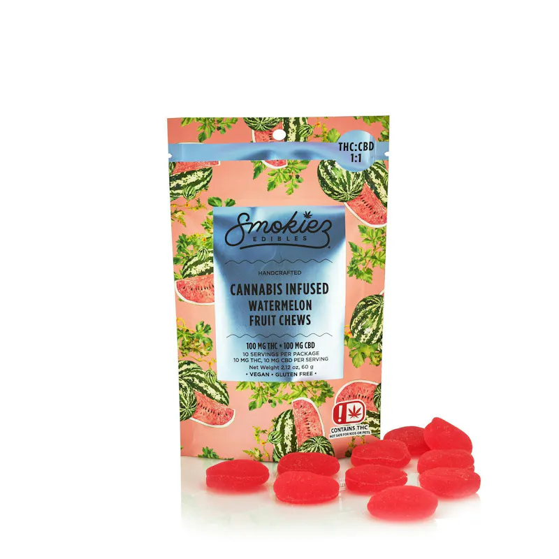 Smokiez Watermelon Fruit Chews THC:CBD 1:1 100mg 10ct 10mg/ea