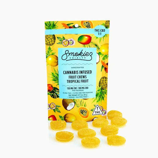 Smokiez Edibles - Tropical Fruit 100mg CBD : 100mg THC Fruit Chews - NV - 1