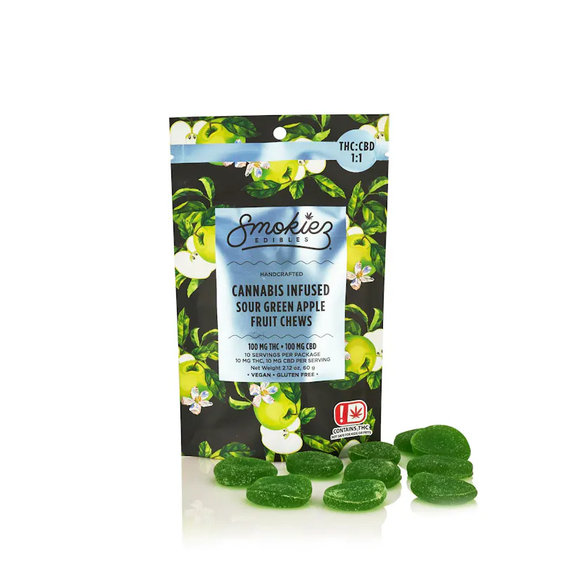 Smokiez Sour Green Apple Fruit Chews THC:CBD 1:1 100mg 10ct 10mg/ea edible
