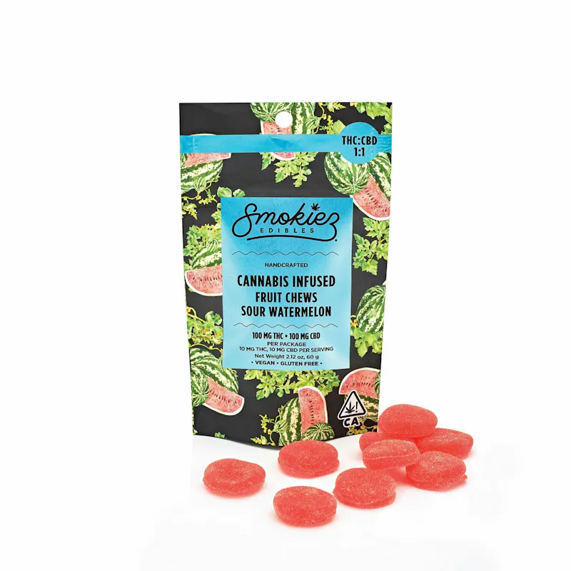 Smokiez Sour Watermelon Fruit Chews CBD:THC 1:1 100mg 10ct 10mg/ea