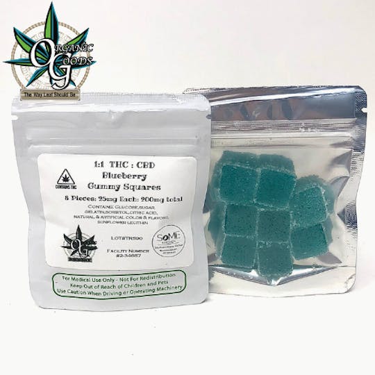 Organic Goods - 200mg 1:1 THC : CBD Blueberry Gummy Squares - 1
