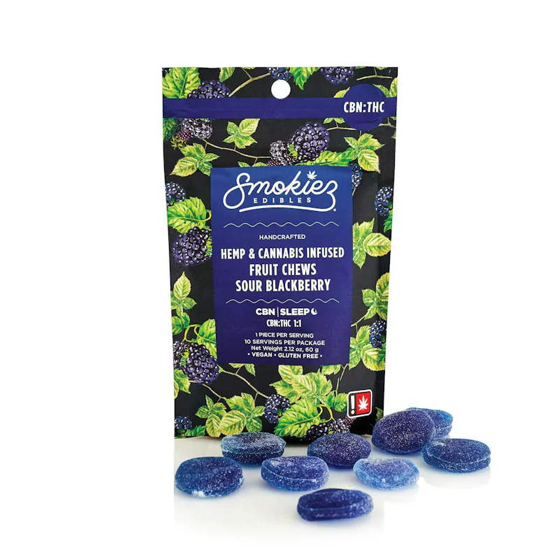 Smokiez Sour Blackberry Fruit Chews THC:CBN 1:1 100mg 10ct 10mg/ea edible
