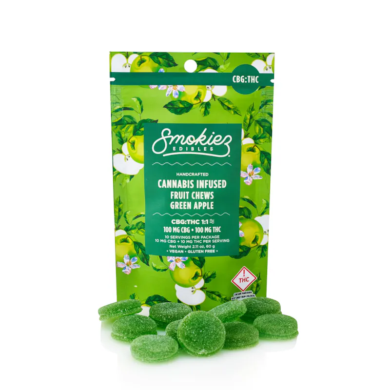 Smokiez Green Apple Fruit Chews THC:CBG 1:1 100mg 10ct 10mg/ea