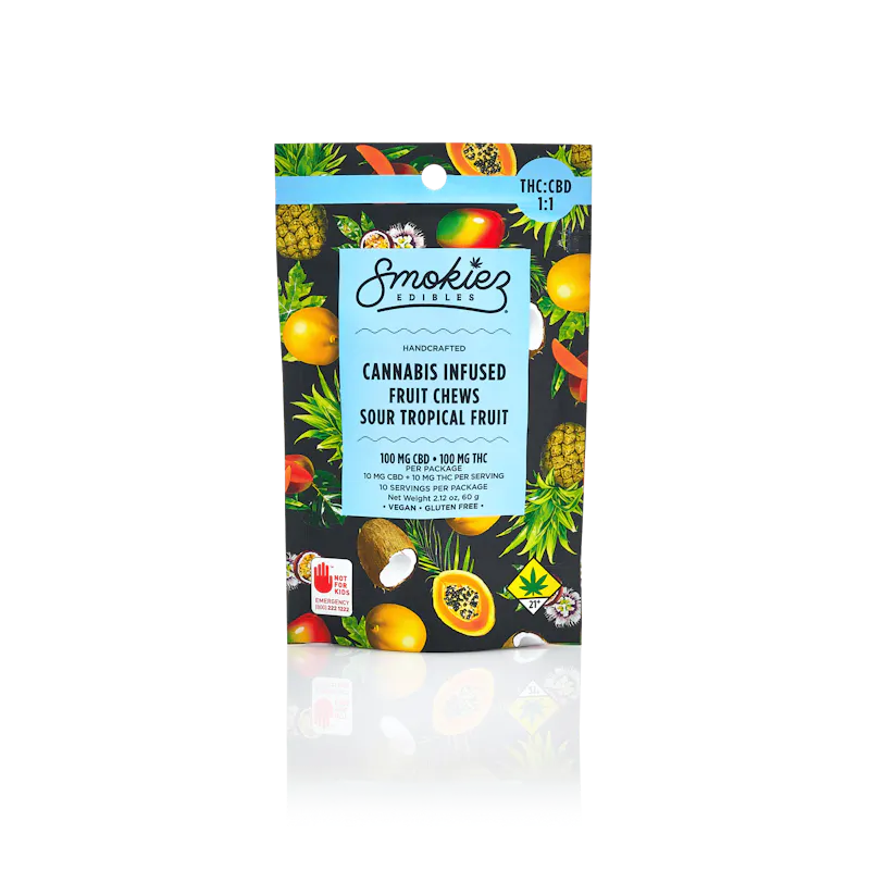 Smokiez Sour Tropical Fruit Chews THC:CBD 1:1 100mg 10ct 10mg/ea