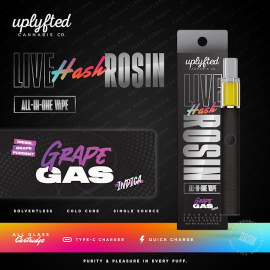Uplyfted Cannabis Co - Live Rosin Disposable Vape .5g - Grape Gas - 1