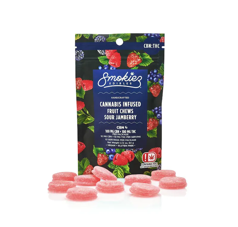 Smokiez Sour Jamberry Fruit Chews 1:1 THC:CBN 100mg 10ct 10mg/ea edible
