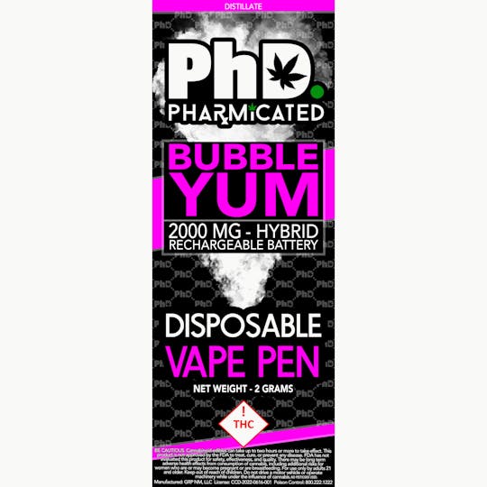 Pharmicated - PhD Disposable Vape Cart- 2000mg - Bubble Yum (H) - 1