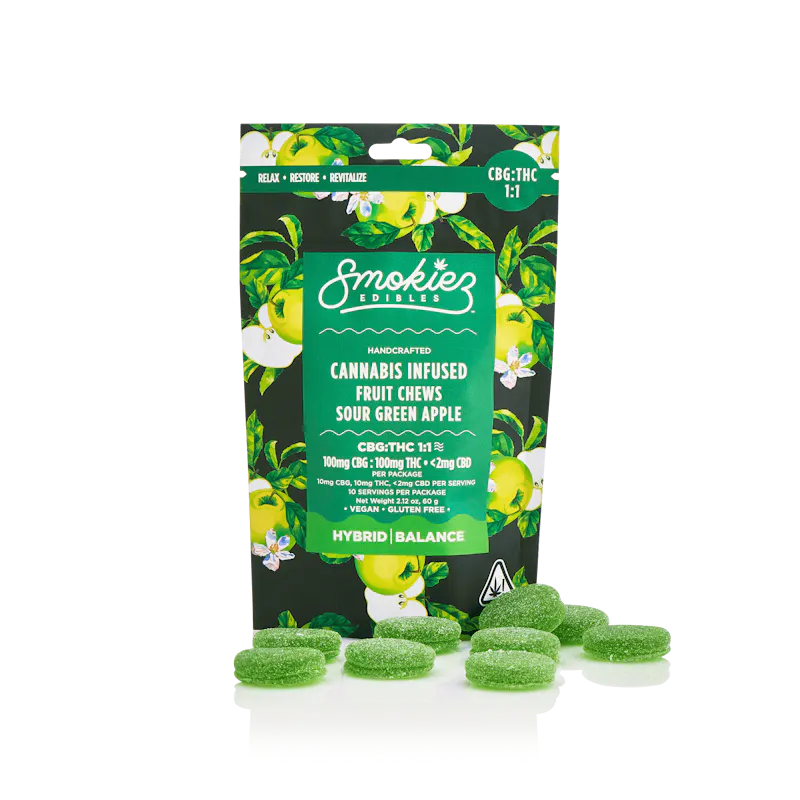 Smokiez Sour Green Apple Fruit Chews 1:1 THC:CBG 100mg 10ct 10mg/ea edible