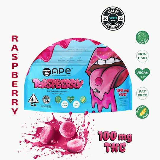 APE Premium Cannabis Corp - Raspberry Edibles — 100MG THC Gummies (NET WT 35g | 3.5g each) - 1
