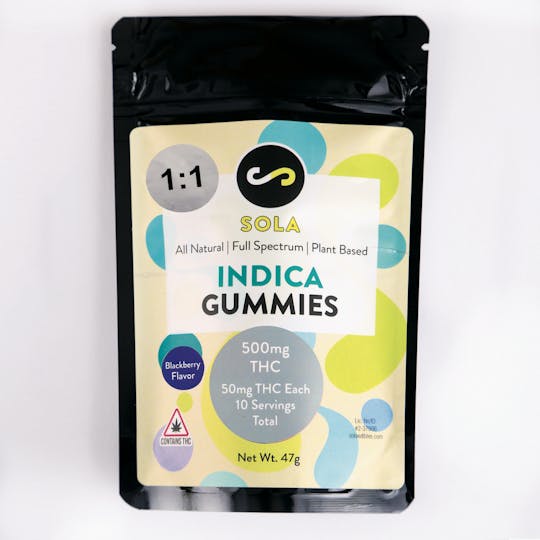 Sola Edibles - 500mg Indica 1:1 Gummies - Blackberry Flavor - 1