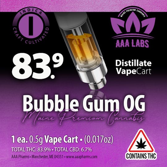 AAA Pharms - Bubble Gum OG - Indica Distillate Vape Cart - 1