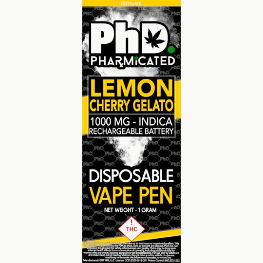 Pharmicated - PhD Disposable Vape Cart - 1000 mg - Lemon Cherry Gelato (I) - 1