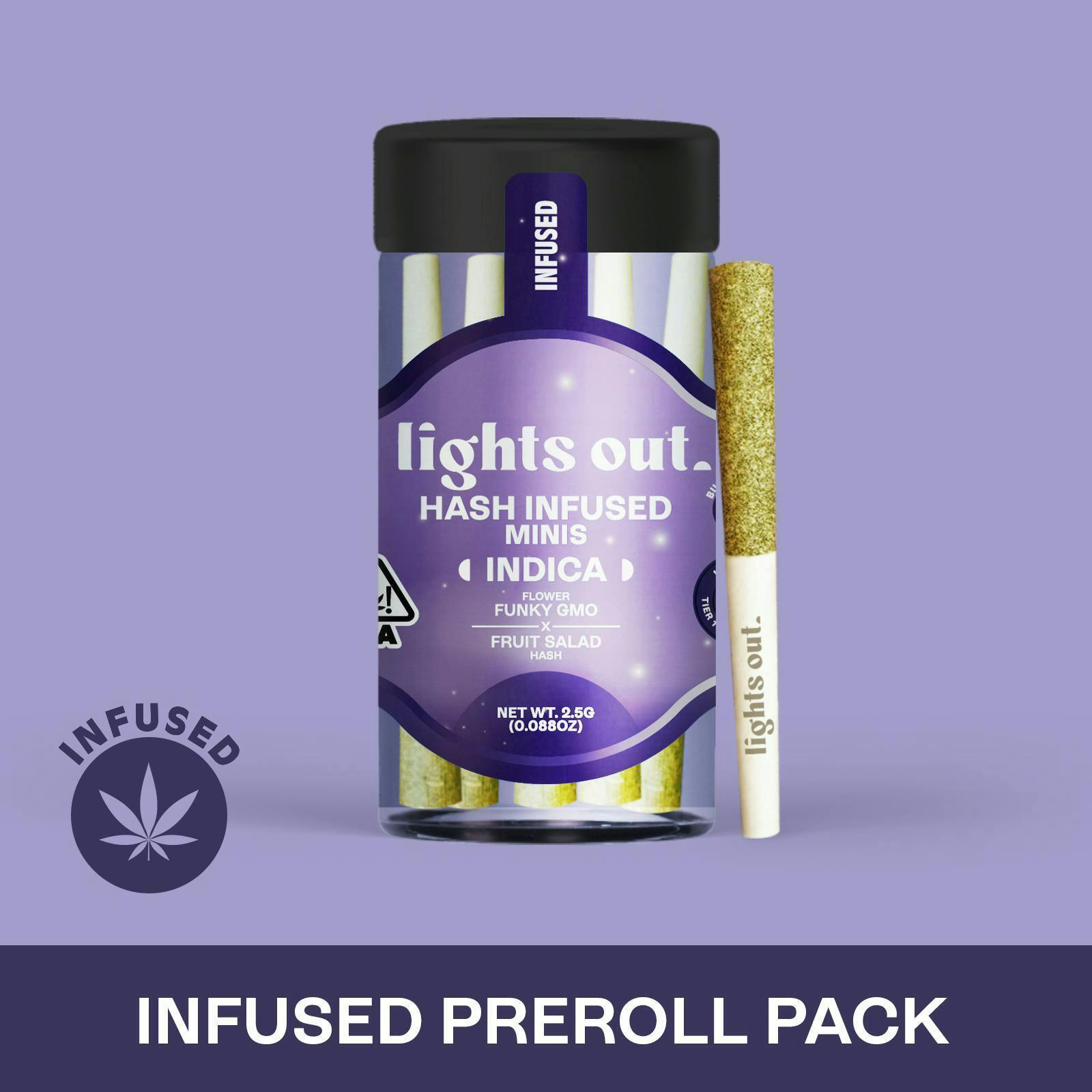 Lights Out - Funky GMO x Fruit Salad (Indica) 5pk Hash Infused Preroll 2.5g - 1