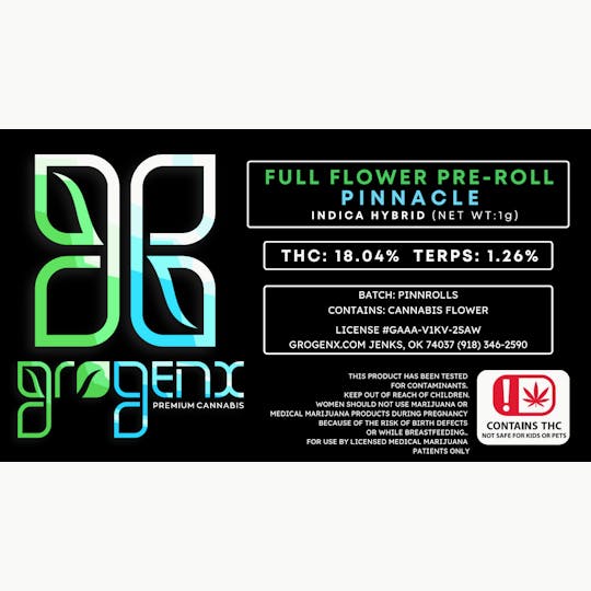 GroGenx - GroGenx - FULL FLOWER PRE-ROLL - PINNACLE (1g) - 1