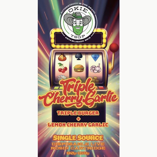 Okie TSGP - Triple Cherry Garlic - 90µ-159µ - 0.5g Disposable Live Rosin Cart - 1