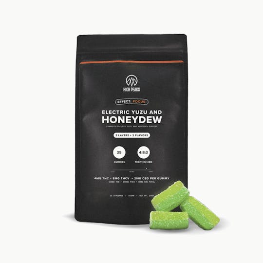 High Peaks - Electric Yuzu and Honeydew Gummies | 25-Pack | 4:8:2 THC:THCV:CBD | Focus - 1