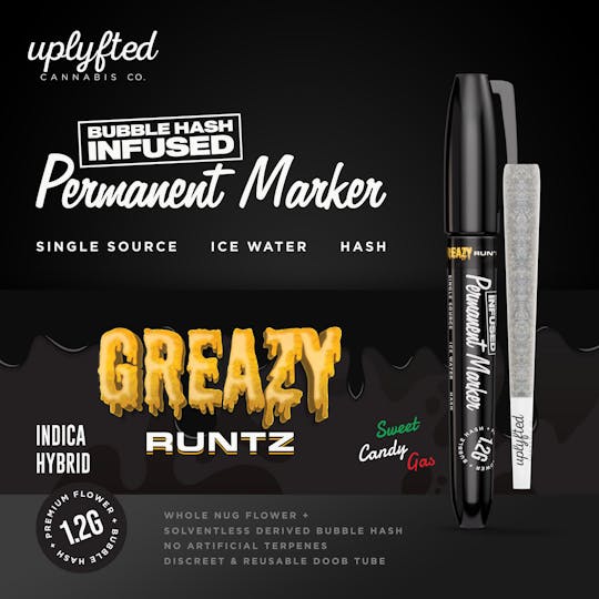 Uplyfted Cannabis Co - 1.2g Bubble Hash Infused Pre-Roll -Permanent Marker X Greazy Runtz - 1