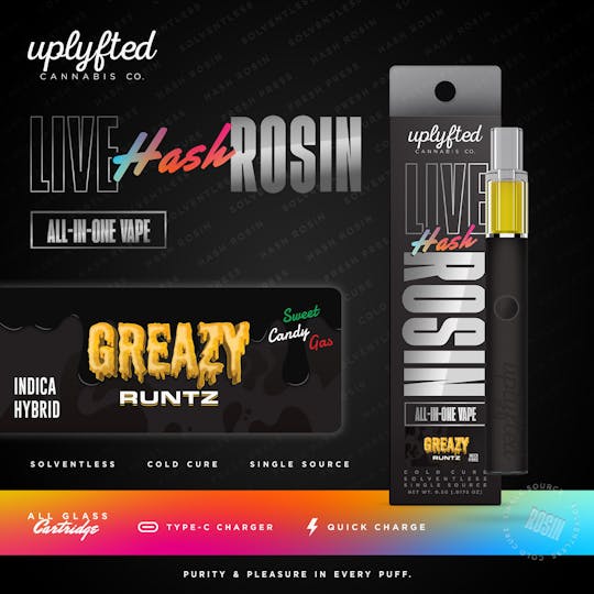Uplyfted Cannabis Co - Live Rosin .5g Disposable Vape - Greazy Runtz - 1