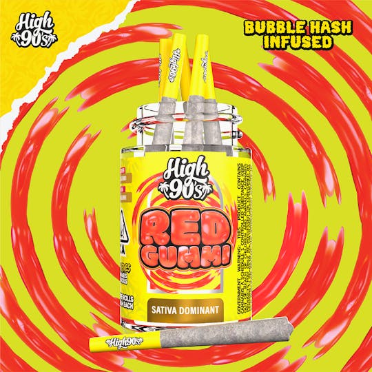 HIGH 90s - Red Gummi - 0.5g High Fives Bubble Hash Infused Pre-Rolls 5 Pack - 1