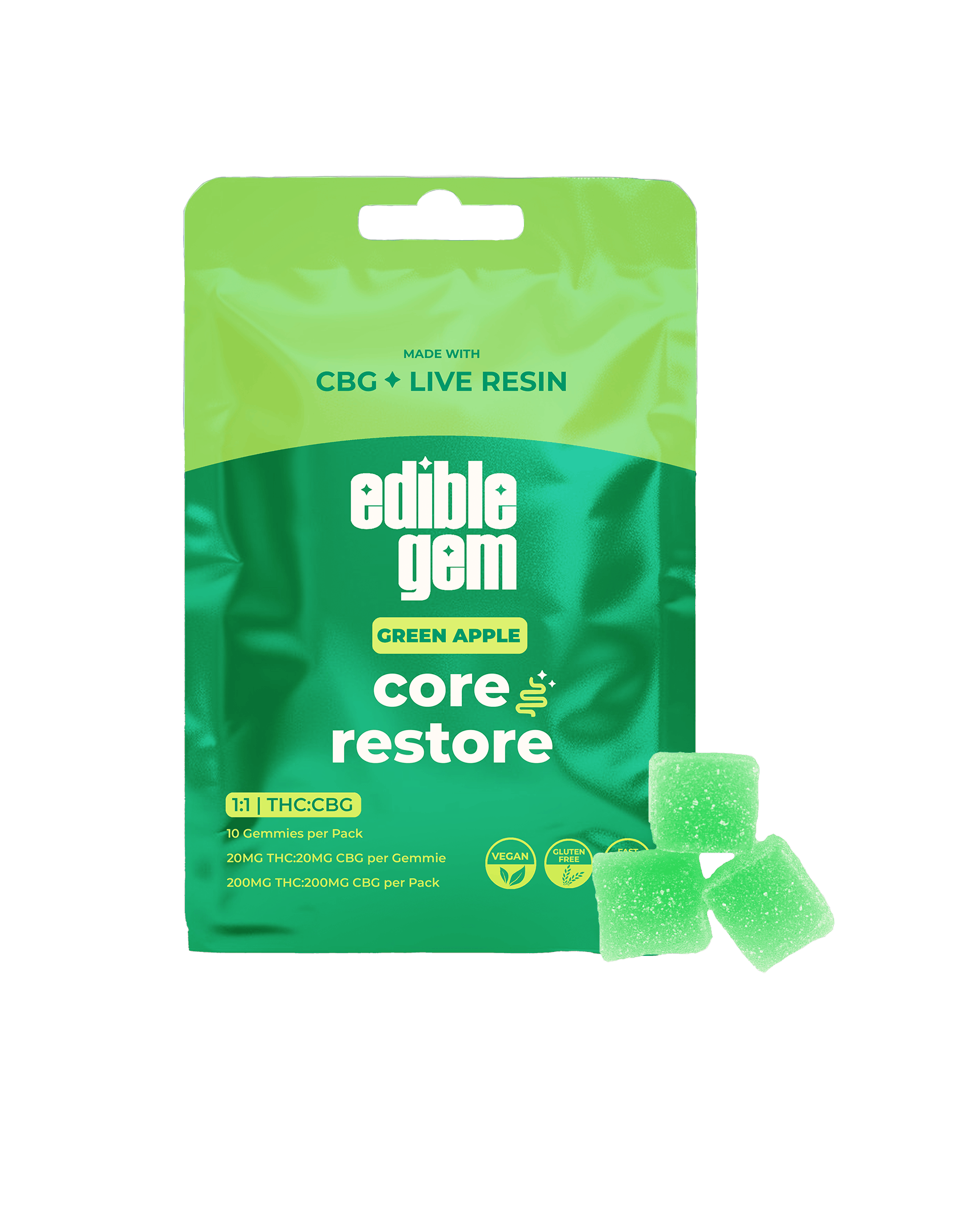 Edible Gem - Edible Gem - Core Restore 1:1 CBG - Live Resin Gummies - Green Apple - 1