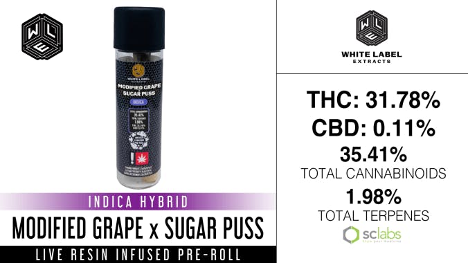 White Label Extracts - WLE | Modified Grape x Sugar Puss | Live Resin Infused Pre-Roll (1.5g) - 1