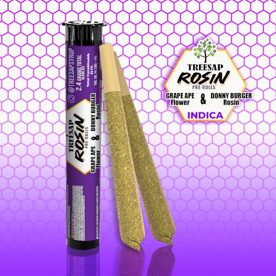 Treesap - CA - Treesap Rosin Infused Pre-Rolls Grape Ape x Donny Burger - 2.4g Per Tube - 1