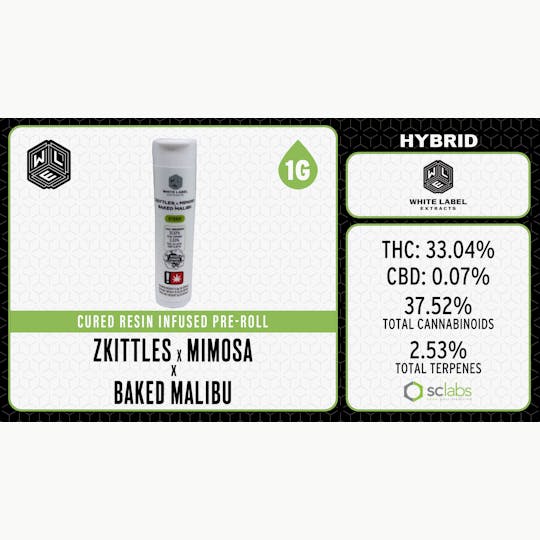 White Label Extracts - WLE | Zkittles x Mimosa x Baked Malibu | Infused Pre Rolls | 1G - 1