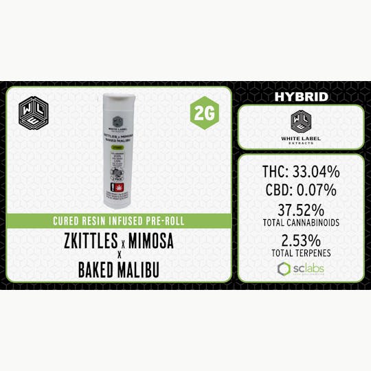 White Label Extracts - WLE | Zkittles x Mimosa x Baked Malibu | Infused Pre Rolls | 2pk - 1