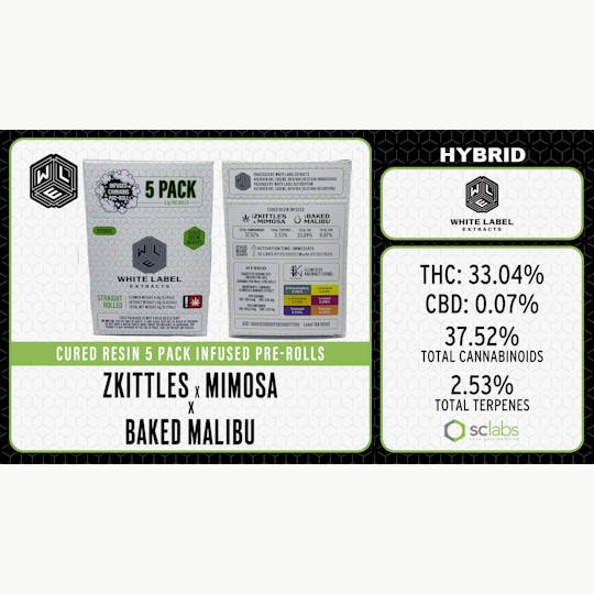 White Label Extracts - WLE | Zkittles x Mimosa x Baked Malibu | Infused Pre Rolls | 5pk - 1