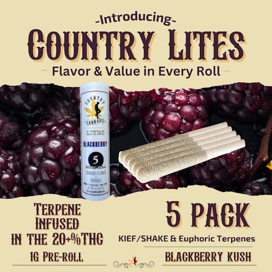 Country Cannabis - Blackberry Kush | Country Lites Terpene Infused Pre-roll | 1G | 5pk - 1