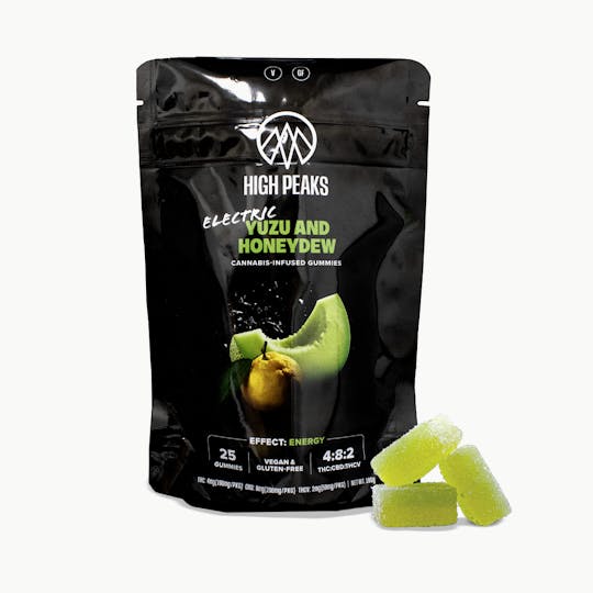 High Peaks - Electric Yuzu and Honeydew Gummies | 25-Pack | 4:8:2 THC:THCV:CBD | Energy - 1