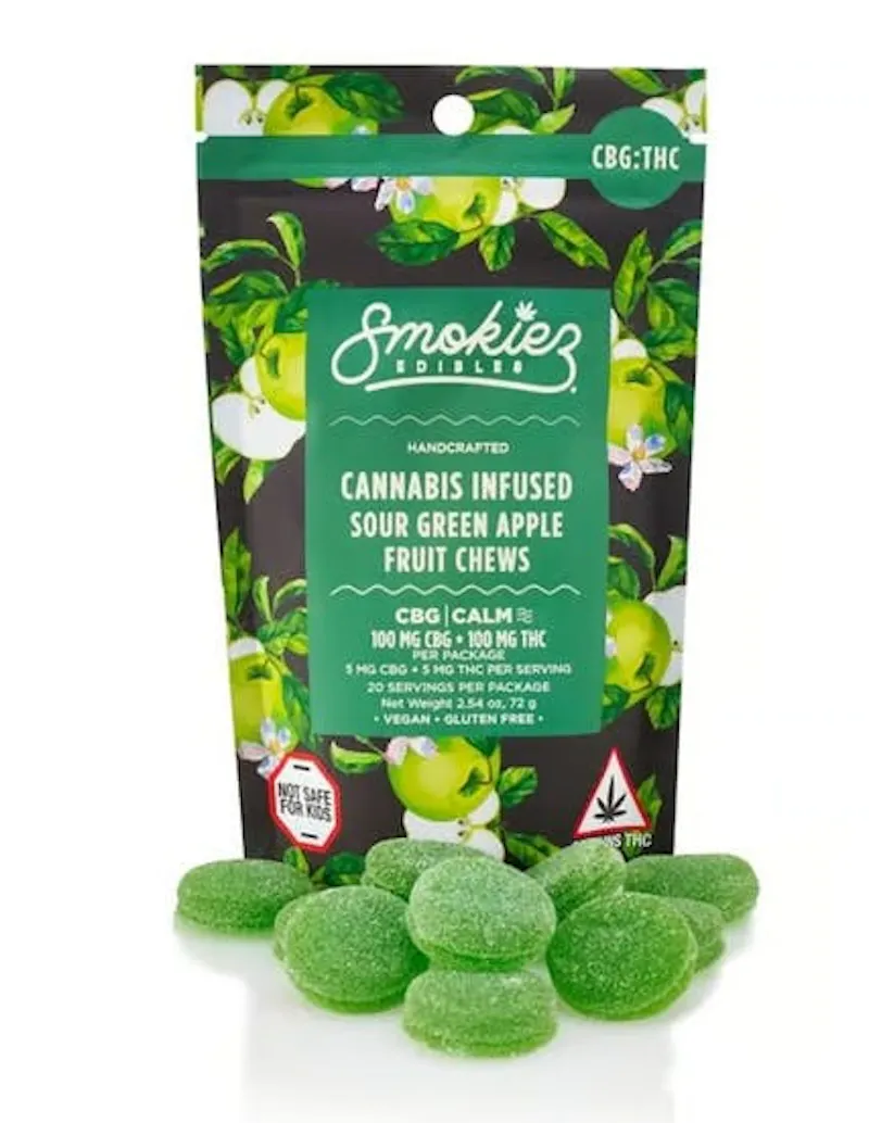 Smokiez Sour Green Apple Fruit Chews 1:1 CBG:THC 100mg 20ct 5mg/ea edible