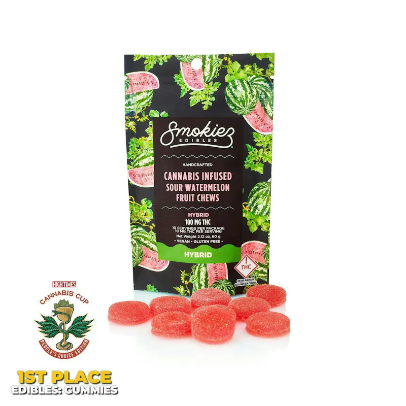 Smokiez Sour Watermelon Fruit Chews Gummies 100mg 10ct 10mg/ea edible