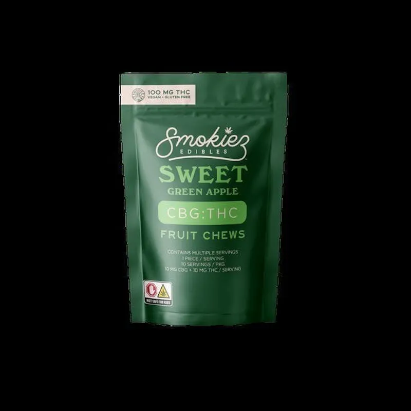 Smokiez Sweet Green Apple Fruit Chews 1:1 CBG:THC 100mg 10ct 10mg/ea edible