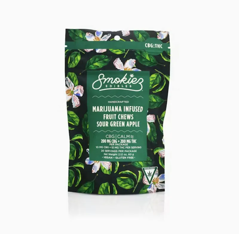 Smokiez Sour Green Apple Fruit Chews 1:1 CBG:THC 200mg 10ct 20mg/ea edible