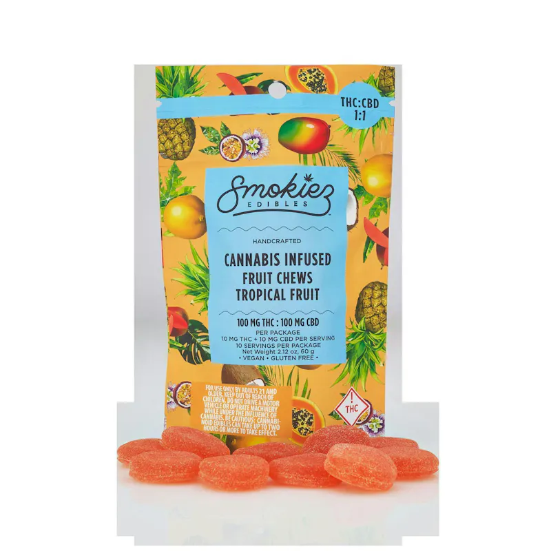 Smokiez Sweet Tropical Fruit Chews 1:1 THC:CBD 100mg 10ct 10mg/ea