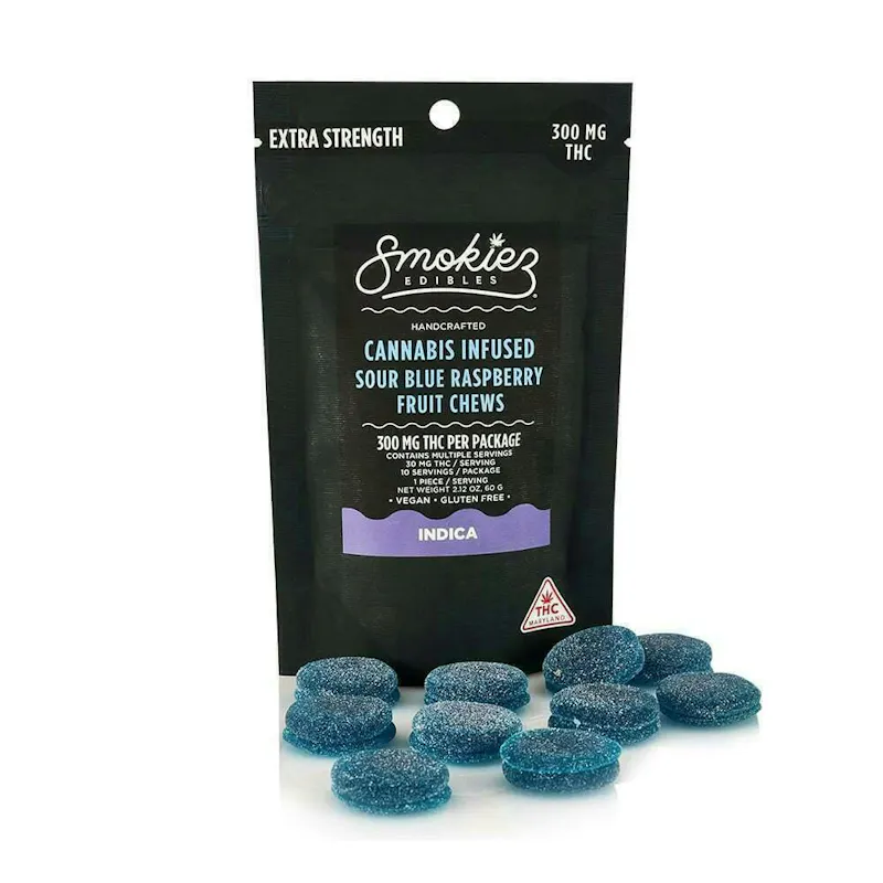 Smokiez Sour Blue Raspberry Fruit Chews 300mg 10ct 30mg/ea edible