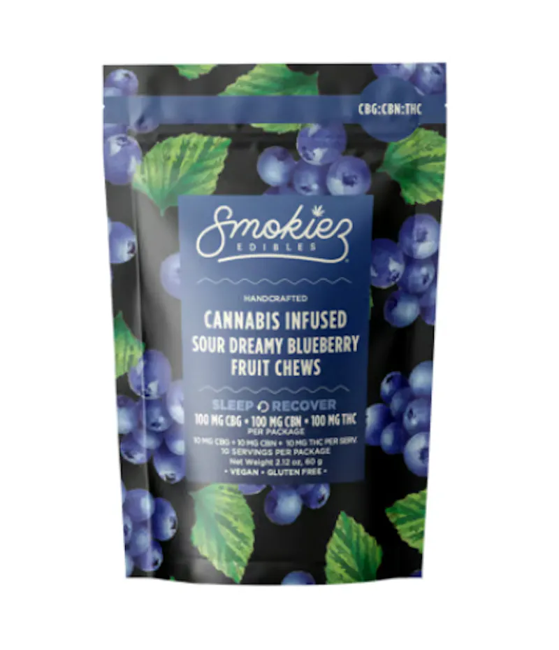 Smokiez Sour Dreamy Blueberry Gummies 1:1:1 THC:CBG:CBN 100mg 10ct 10mg/ea edible