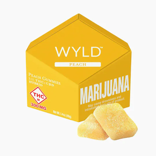 WYLD - Peach 1:1 THC:CBD Hybrid Enhanced Gummies | 300mg | 20ct | 15mg/ea - 1