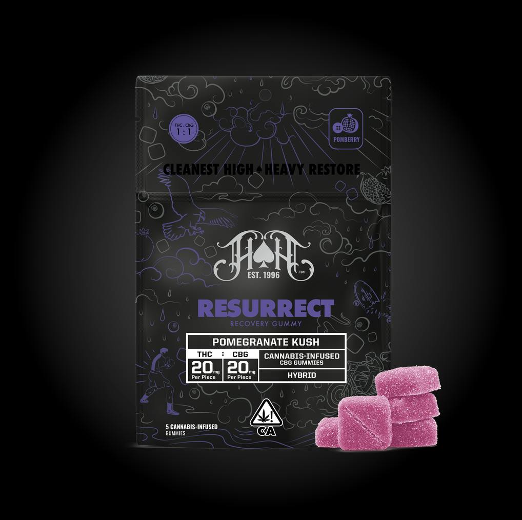 Heavy Hitters - Resurrect | Pomegranate Kush 1:1 THC:CBG Gummies | 100mg | 5ct | 20mg/ea - 1