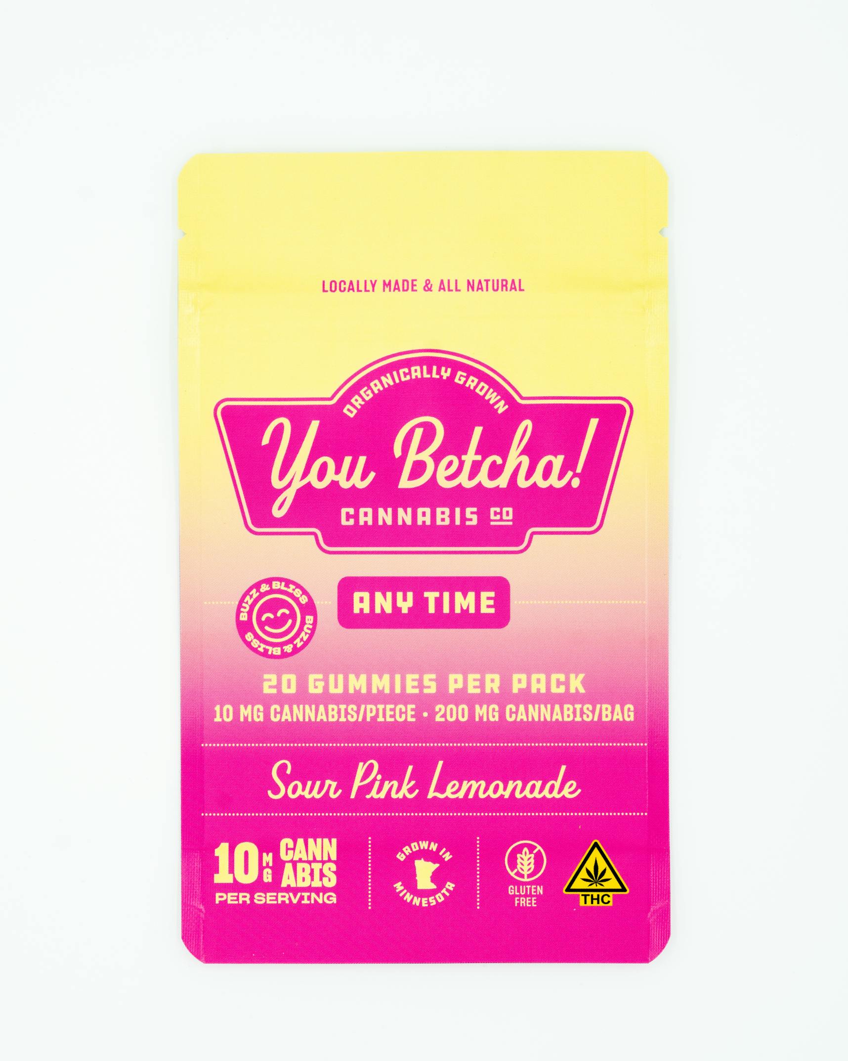 You Betcha Cannabis - Anytime | Sour Pink Lemonade Gummies | 200mg | 20ct | 10mg/ea - 1