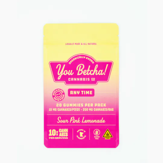 You Betcha Cannabis - Anytime | Sour Pink Lemonade Gummies | 200mg | 20ct | 10mg/ea - 1