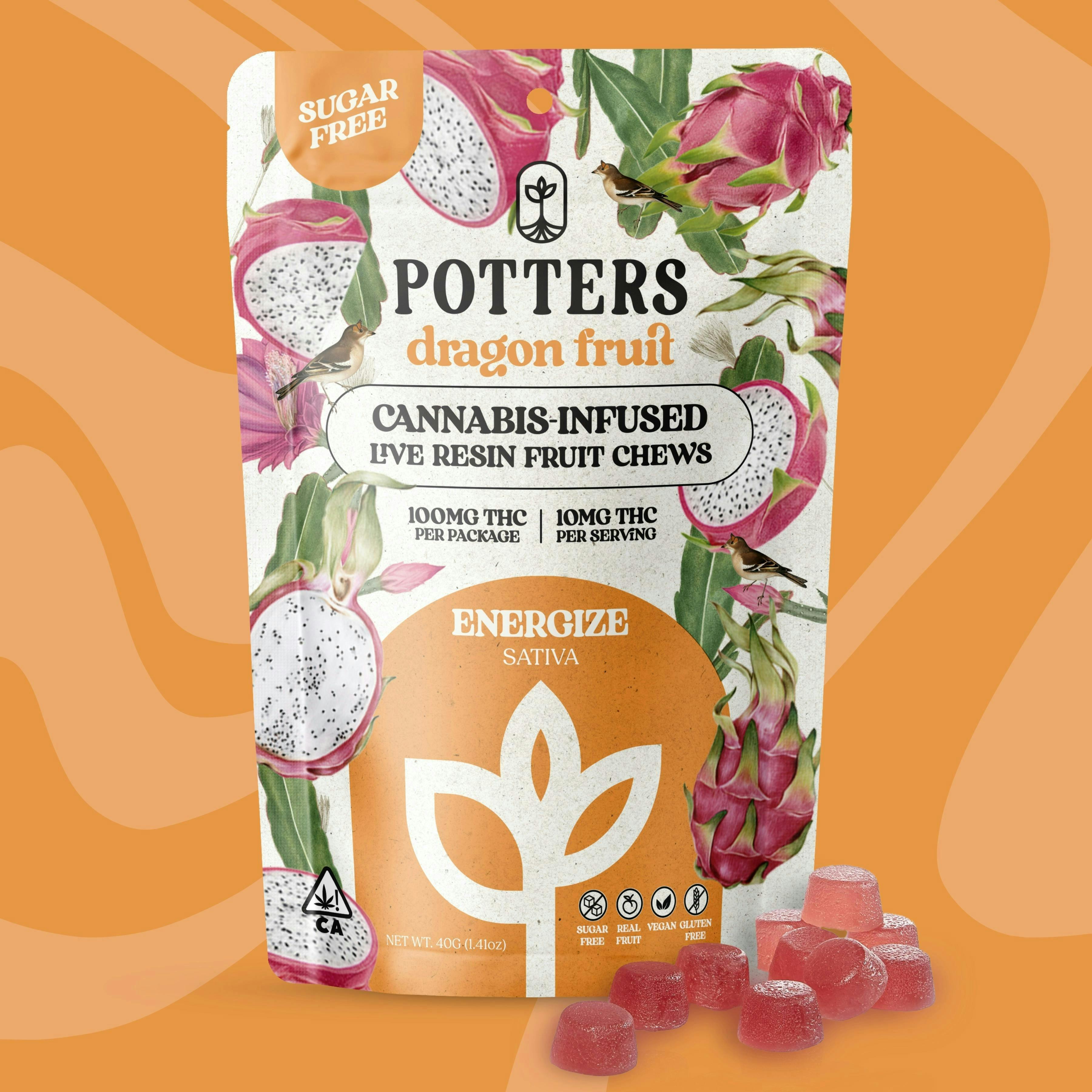 Potters - Sugar-Free Live Fruit Chews | Dragon Fruit Gummies | 100mg | 10ct | 10mg/ea - 1