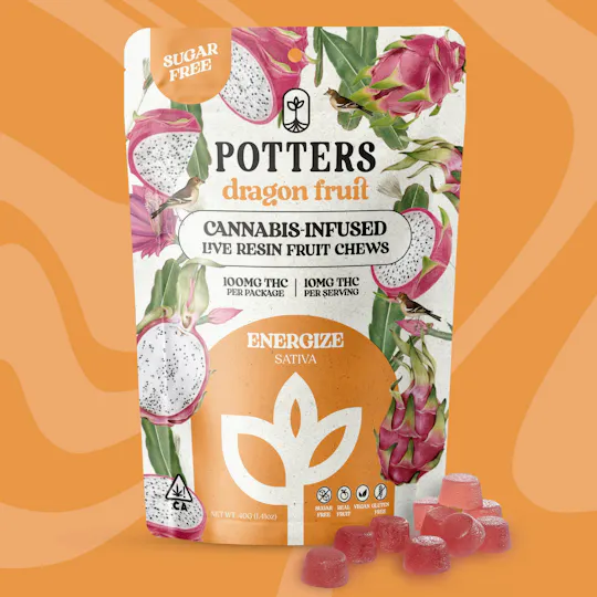 Potters - Sugar-Free Live Fruit Chews | Dragon Fruit Gummies | 100mg | 10ct | 10mg/ea - 1
