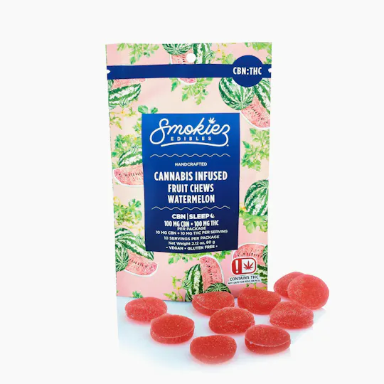 Smokiez Edibles - Watermelon Fruit Chews THC:CBN 1:1 | 100mg | 10ct | 10mg/ea - 1