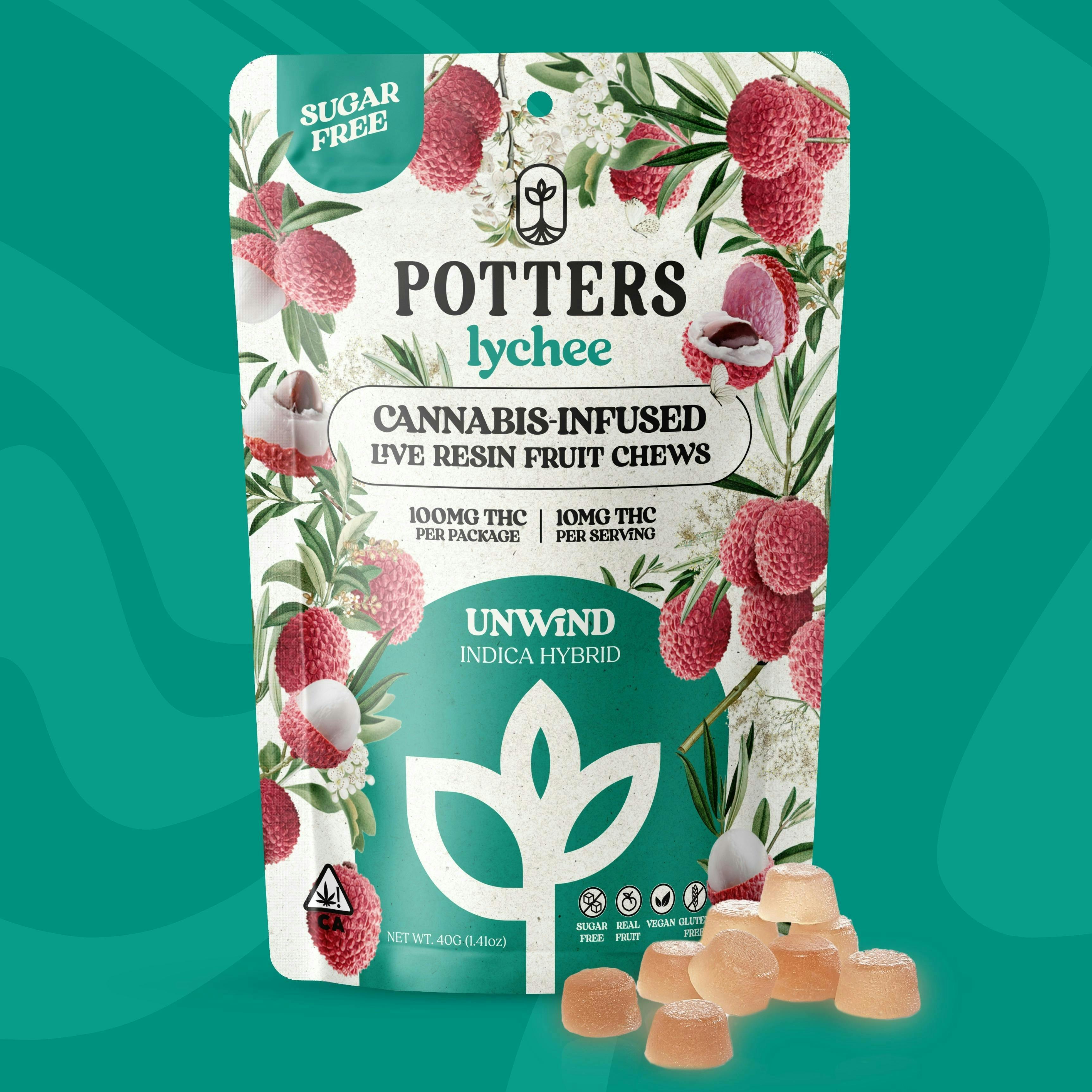 Potters - Sugar-Free Live Fruit Chews | Lychee Gummies | 100mg | 10ct | 10mg/ea - 1